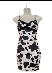 Cow Print Slip Dress with Lace Trim