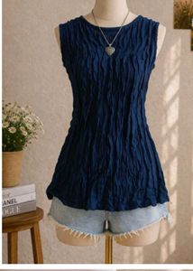 Navy Blue Crinkle Fabric Midi Dress