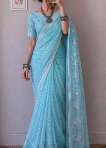 Sky Blue Embroidered Saree