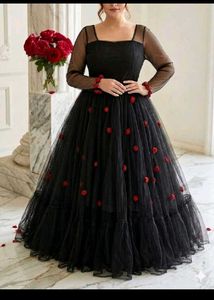 Black Tulle Rose Embellished Maxi Dress