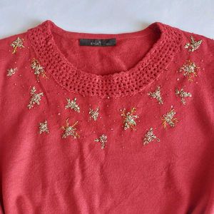 Red Embroidered,Embellished Long Sleeve Top