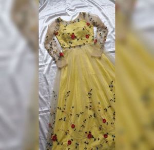 Yellow Floral Embroidered Tulle Gown