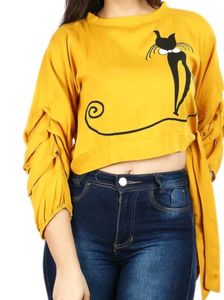 Cute Cat Print Yellow Tunic Top