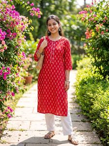 Red Printed Cotton Kurta