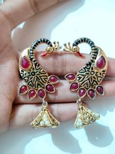 Peacock Design Earrings with Red Stones