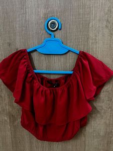 Red Off-Shoulder Ruffle Crop Top