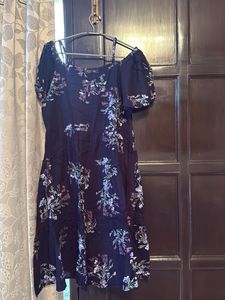 Navy Floral Print Cold Shoulder Dress
