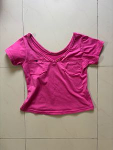 Hot Pink Cropped V-Neck Tee