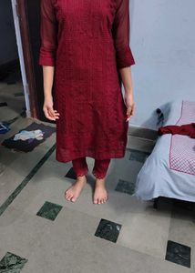 Maroon Chikankari Kurta Set pant duptta