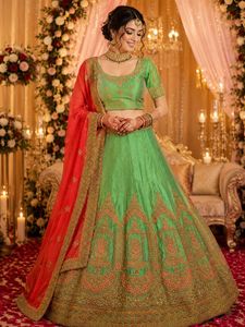 Stunning Green & Red Embroidered Lehenga