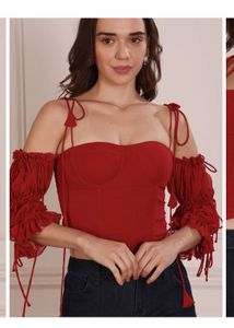 Red Off-Shoulder Corset Top with Tassels