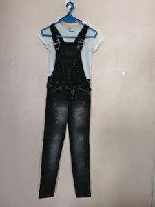 Black Denim Overalls with White T-Shirt