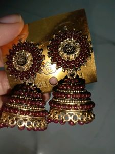 Maroon &amp; Gold Jhumka Earrings