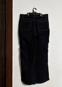 Black Wide Leg Cargo Jeans | Contrast Stitching