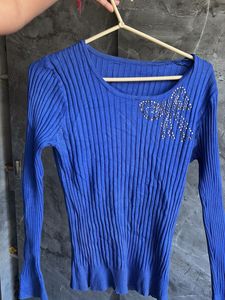 Blue Ribbed Top with Embellished Bow