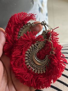Red Colour Thread Oxidised Earring