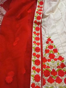 Cream Lehenga with Red Floral Embroidery