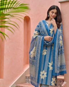 Blue Floral Striped Kurta Set