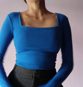Amisu Blue Ribbed Square Neck Top