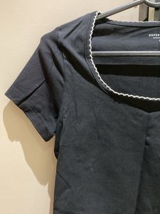Westside Black Cropped Tshirt with Scalloped Trim