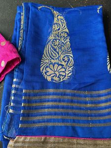 Vibrant Blue Saree with Gold Embroidery