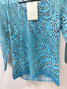 H&amp;M Blue Floral Print Lace Trim Top - XS/S