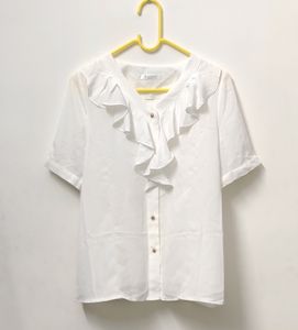 Korean White Semi Ruffled Neck Button Up Sheer Top
