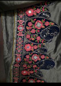Embroidered Yallow and charcoal Saree