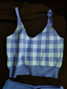 Cute Gingham Knit Crop Top &amp; Skirt Set