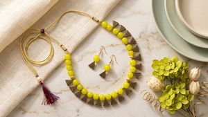 Yellow Beaded Necklace & Earrings Set