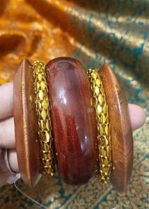 Wooden Bangles with Gold Chain Detail
