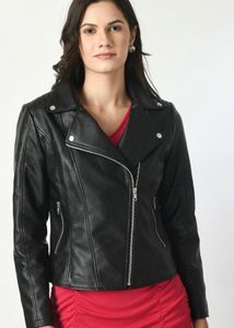 Women Lapel Collar Black Leather Jacket