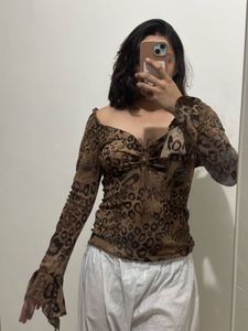 Sheer Leopard Print Flare Sleeve Top
