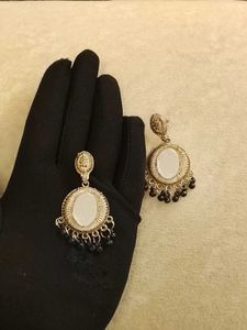 2PAIR Boho Silver Jhumka Earrings with Black Beads
