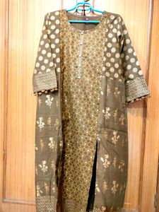 Olive Green &amp; Gold Print Kurti