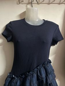Navy Blue Ruffled Plaid Dress