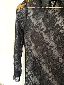 Elegant Sheer Black Lace Collared Dress