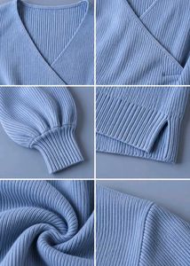 BABY BLUE RIBBED WRAP-STYLE SWEATER
