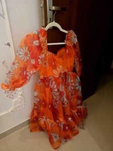 Orange Floral Puff Sleeve Midi Dress