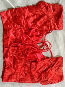 Red Embroidered Blouse With Lehnga