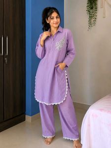 Lavender Kurti with White Lace Trim code-set