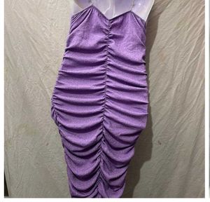 Sparkly Purple Strapless Ruched Bodycon Midi Dress