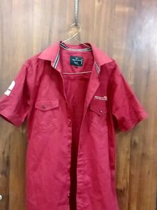 Red Short Sleeve Button-Up Shirt