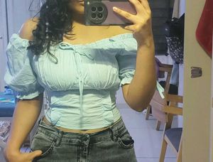 Light Blue Off-Shoulder Puff Sleeve Top