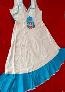 White and Blue Cotton kurti with Embroidered Motif