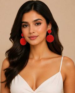Red Beaded Dangle Earrings