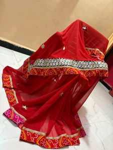 Red Embroidered saree with Mirror Work