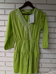 Lime Green Embroidered V-Neck Dress