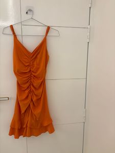 Orange Ruched Ruffle Mini Dress