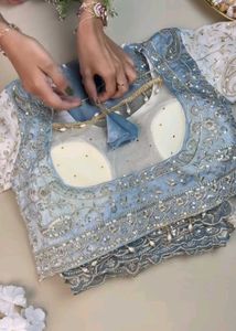 Elegant Grey-Blue &amp; Ivory Embroidered Saree.
